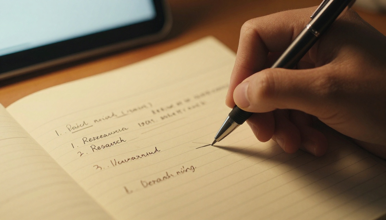 Researcher writing numbered steps on a yellow notepad under warm desk lamp light Researcher writing numbered steps on a yellow notepad under warm desk lamp light