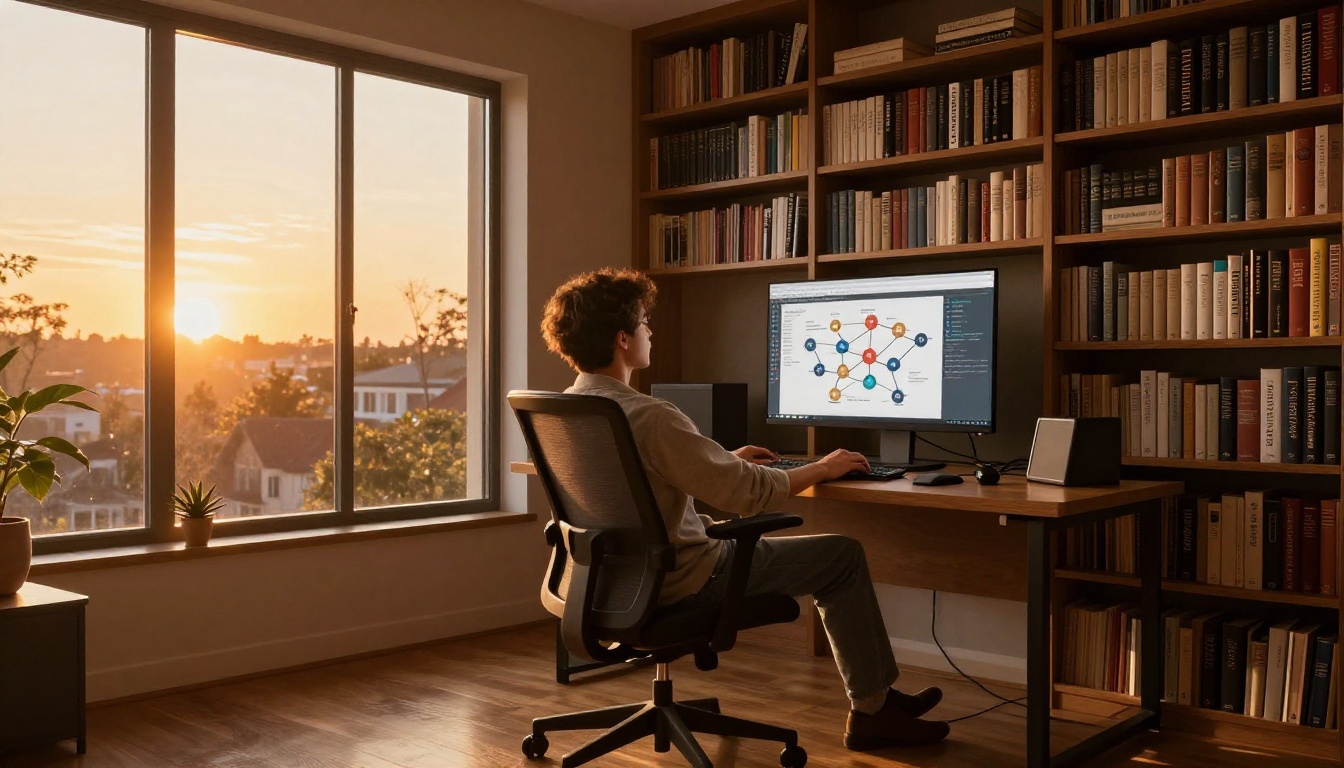 Researcher in ergonomic chair looking at connected research nodes in golden hour light Researcher in ergonomic chair looking at connected research nodes in golden hour light