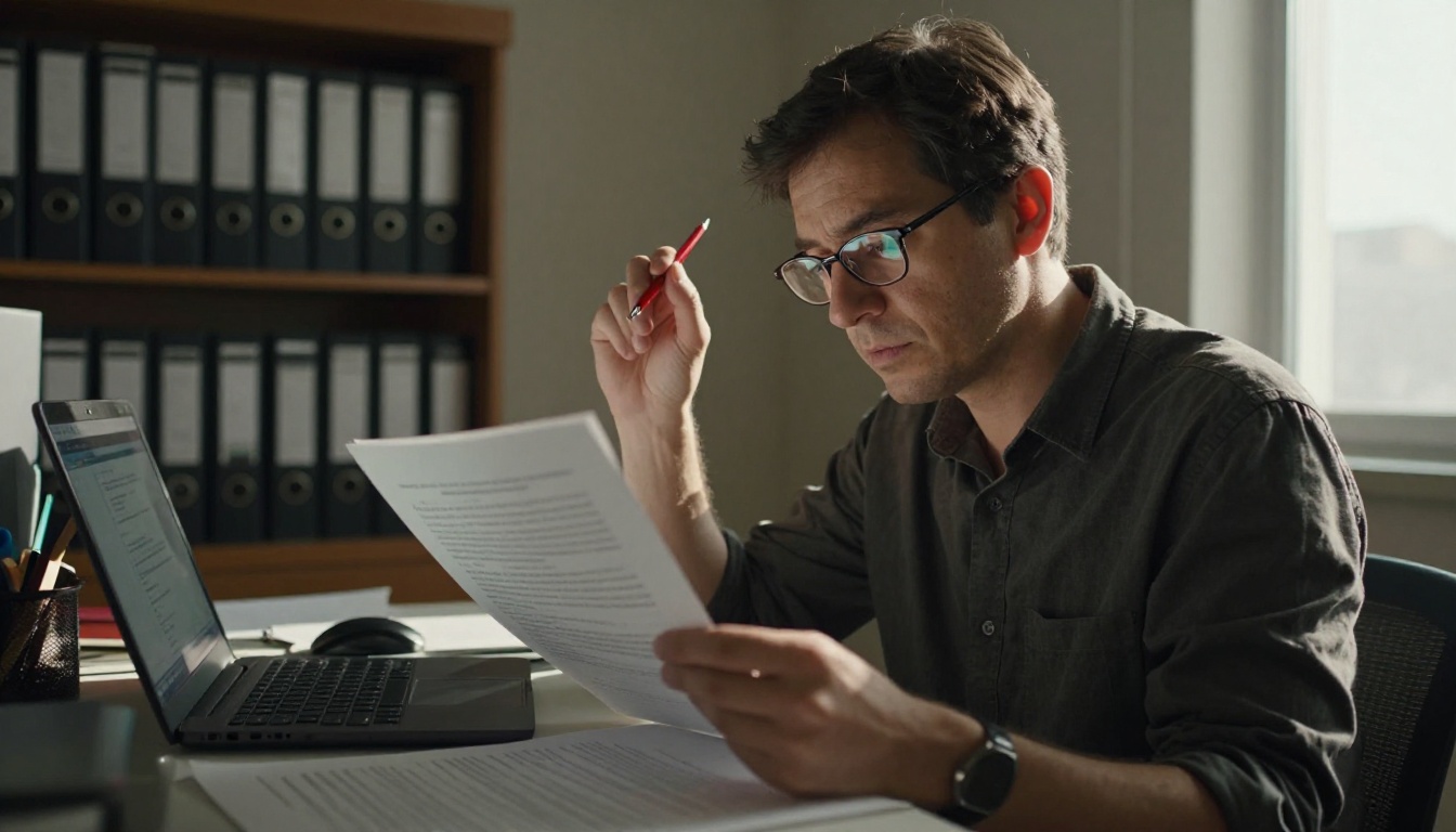 Focused male researcher reading documents with glasses, red pen raised Focused male researcher reading documents with glasses, red pen raised