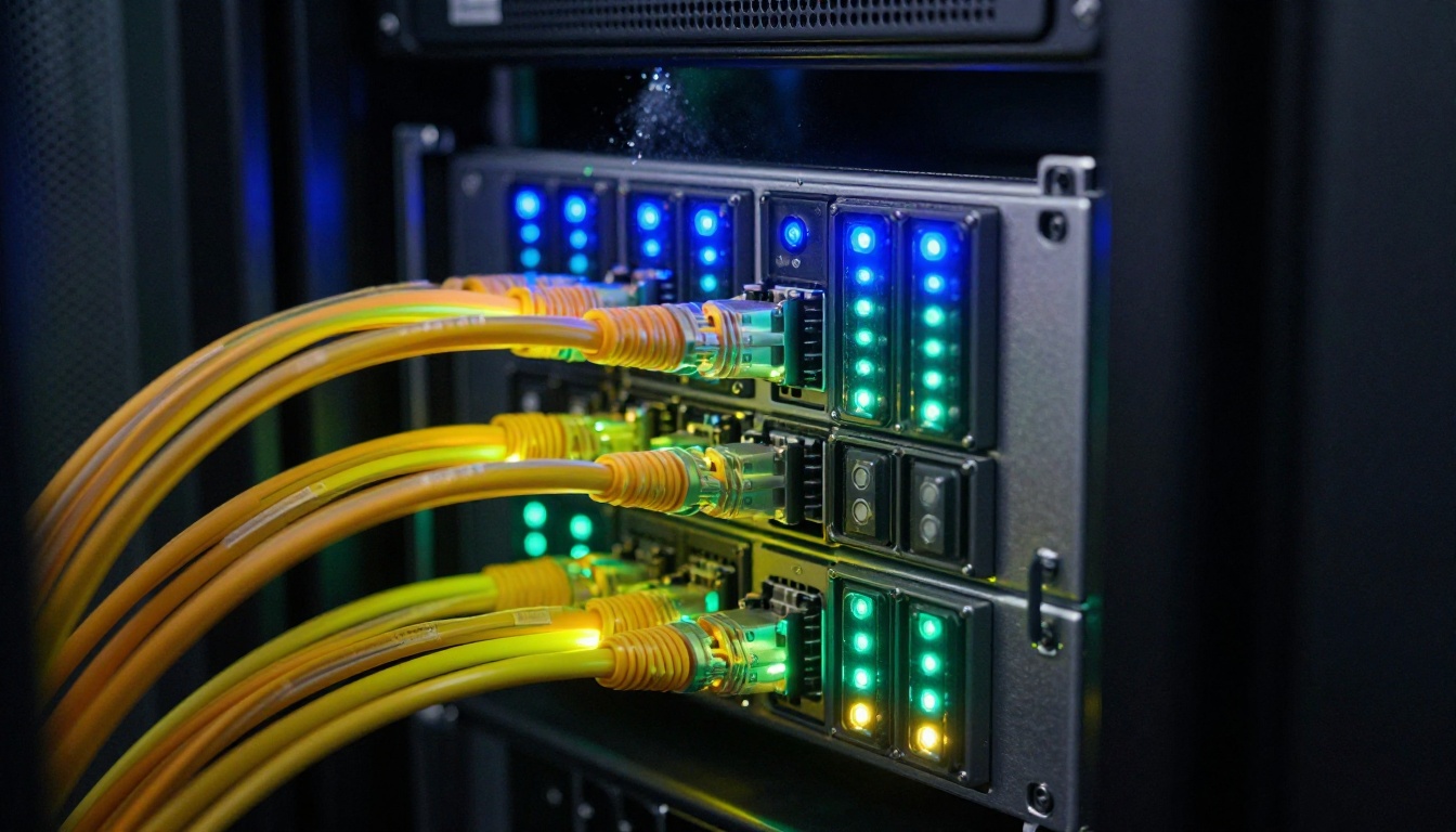 Server rack interior with fiber optic cables and LED status indicators in a data center