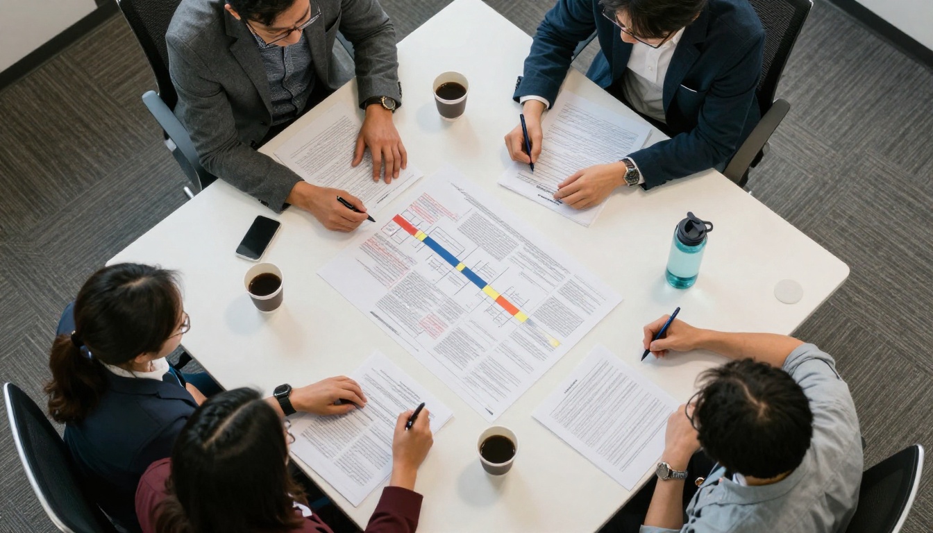 Aerial view of a team reviewing a large printed research timeline on a table Aerial view of a team reviewing a large printed research timeline on a table
