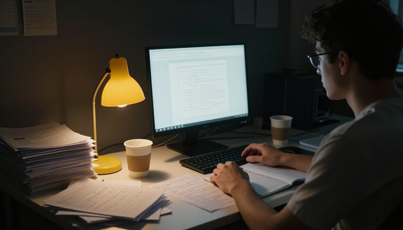 Late-night researcher under warm desk lamp with cool monitor glow on papers and notebooks Late-night researcher under warm desk lamp with cool monitor glow on papers and notebooks