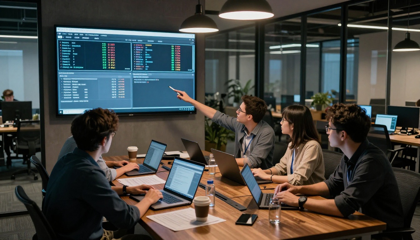 Four developers evaluating AI benchmark results in a late-night office war room