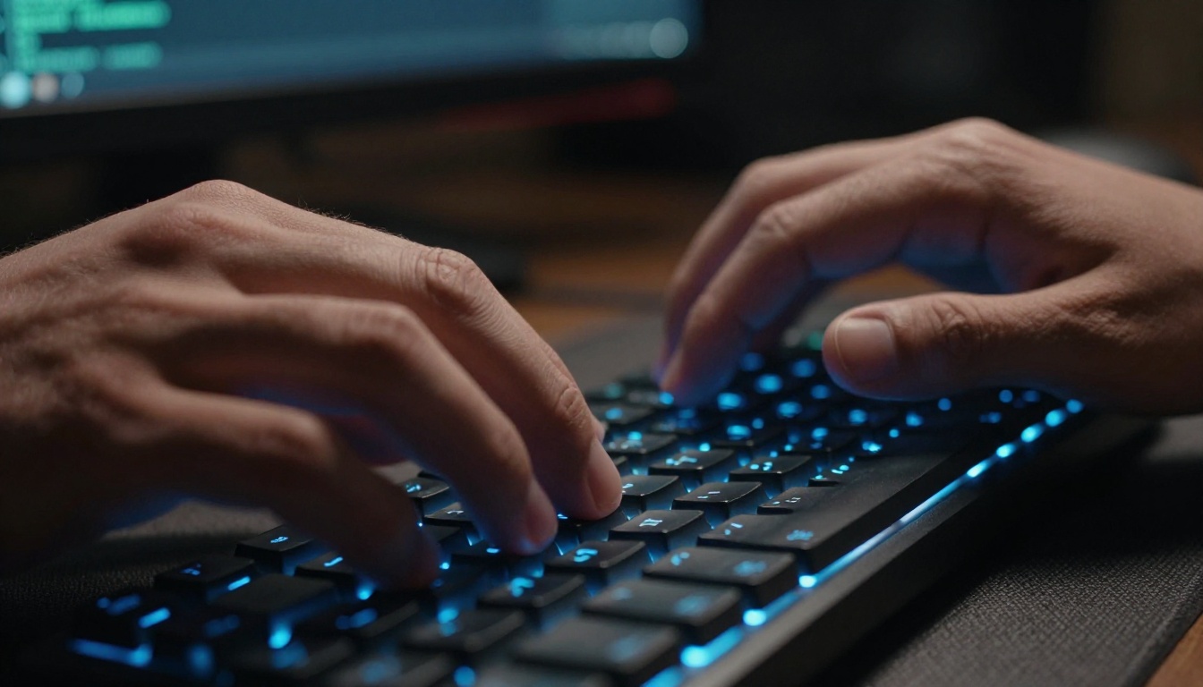 Close-up of hands typing on a mechanical keyboard with terminal glow in the background