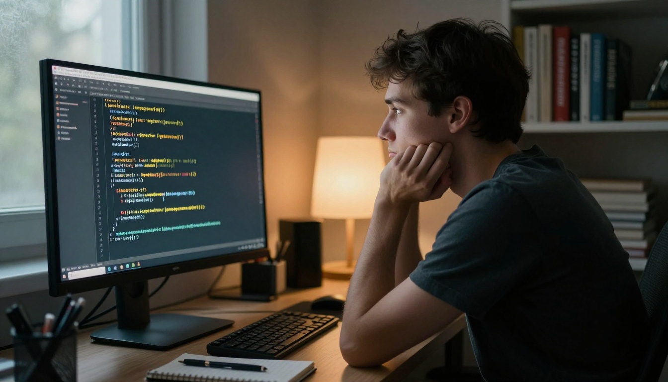 Developer leaning forward in deep concentration at a dual-monitor home office setup