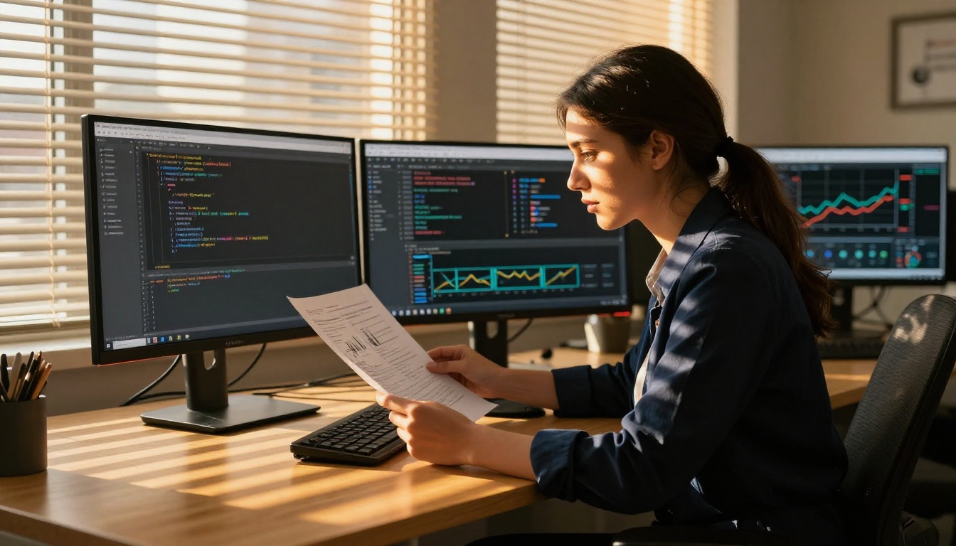 Woman software engineer reviewing printed research papers at a golden-hour workstation