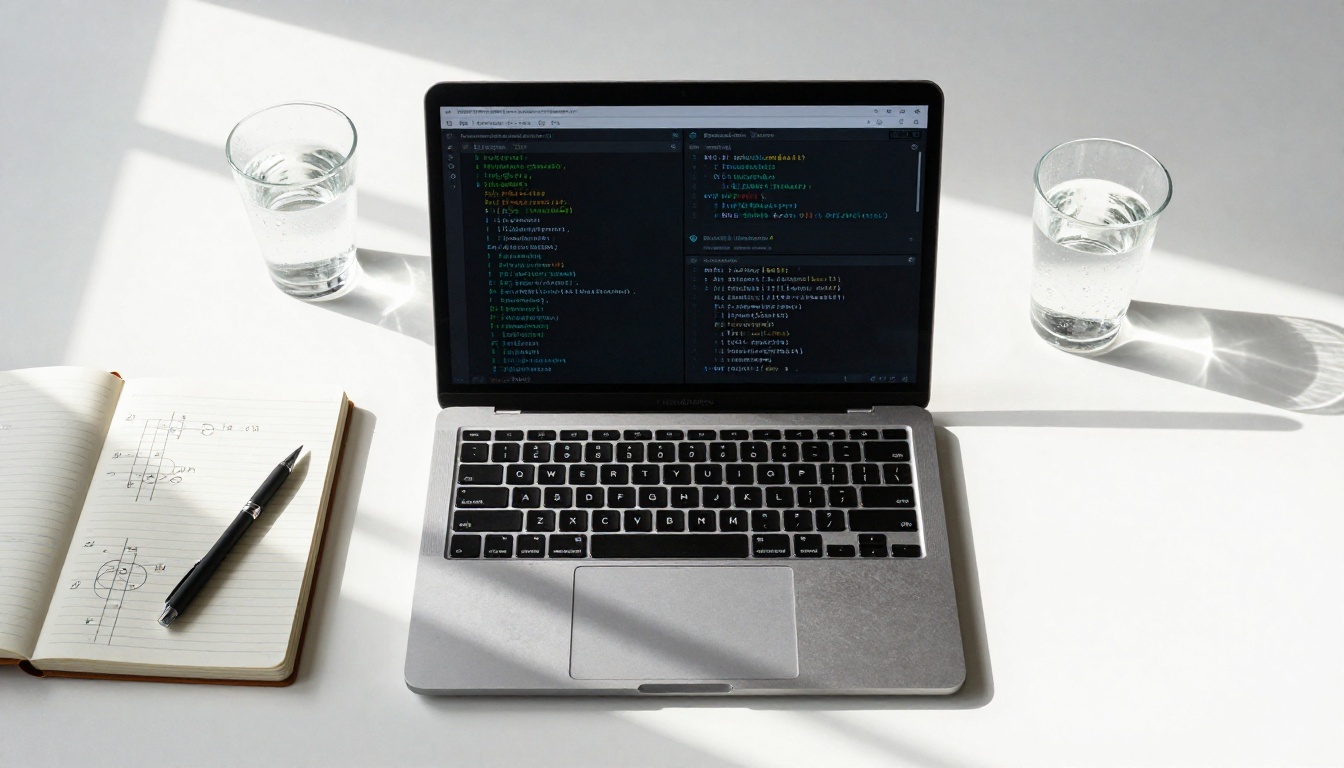 Overhead flat-lay of a MacBook with split terminal windows and a technical notebook on a white desk