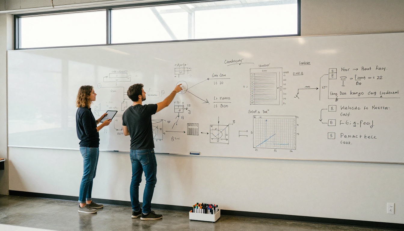 Two developers at a floor-to-ceiling whiteboard discussing benchmark results with diagrams
