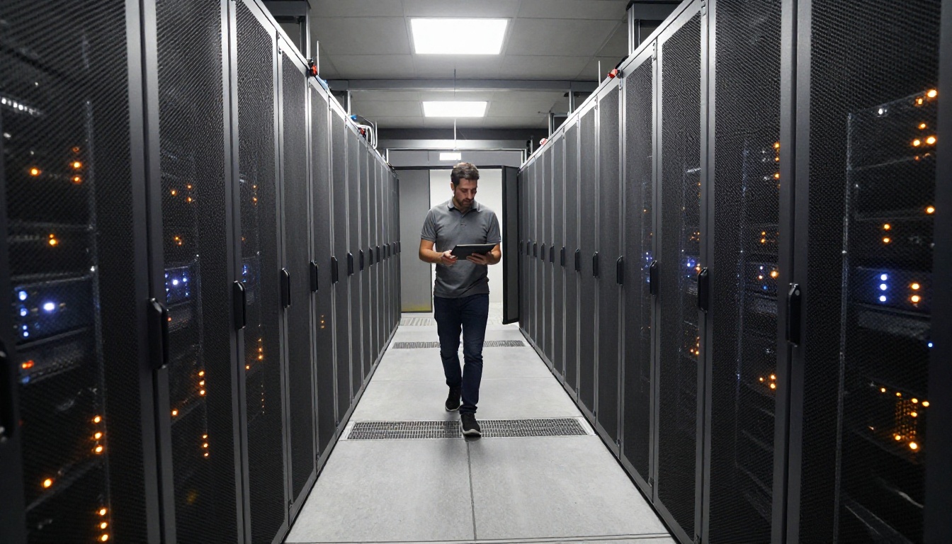 Server room corridor with rack-mounted servers and a network engineer reviewing hardware labels