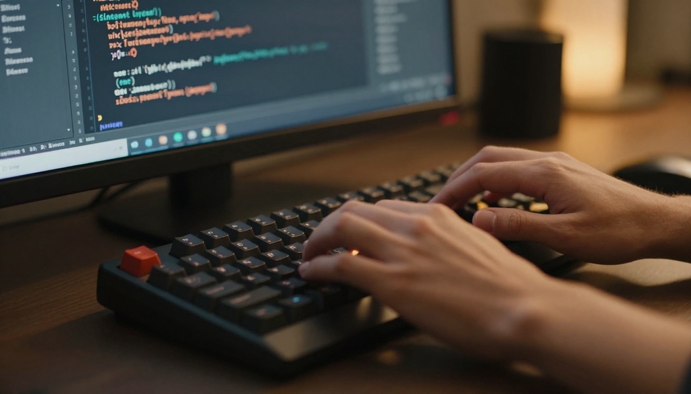 Close-up of hands typing on a mechanical keyboard with Python code on a monitor in the background