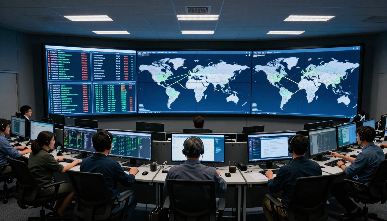 Security operations center with row of analysts at dual-monitor workstations and a world-map display wall