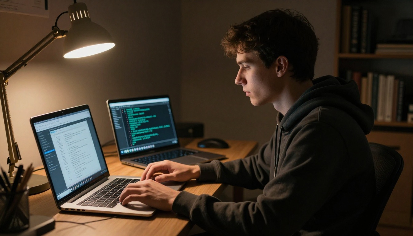 Penetration tester in a dimly lit home office at night illuminated by two laptop screens