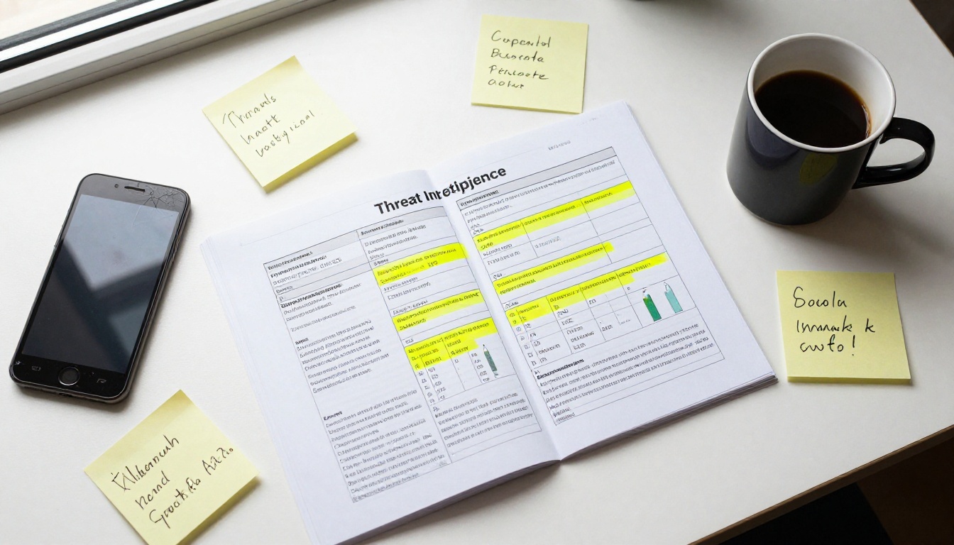 Aerial view of printed threat intelligence report surrounded by sticky notes and a cup of coffee