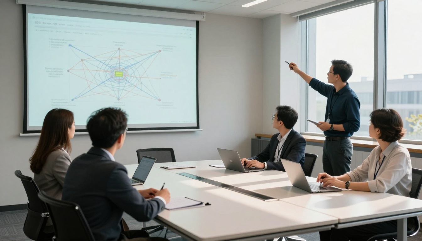 Cybersecurity team in a conference room reviewing a projected network attack path diagram