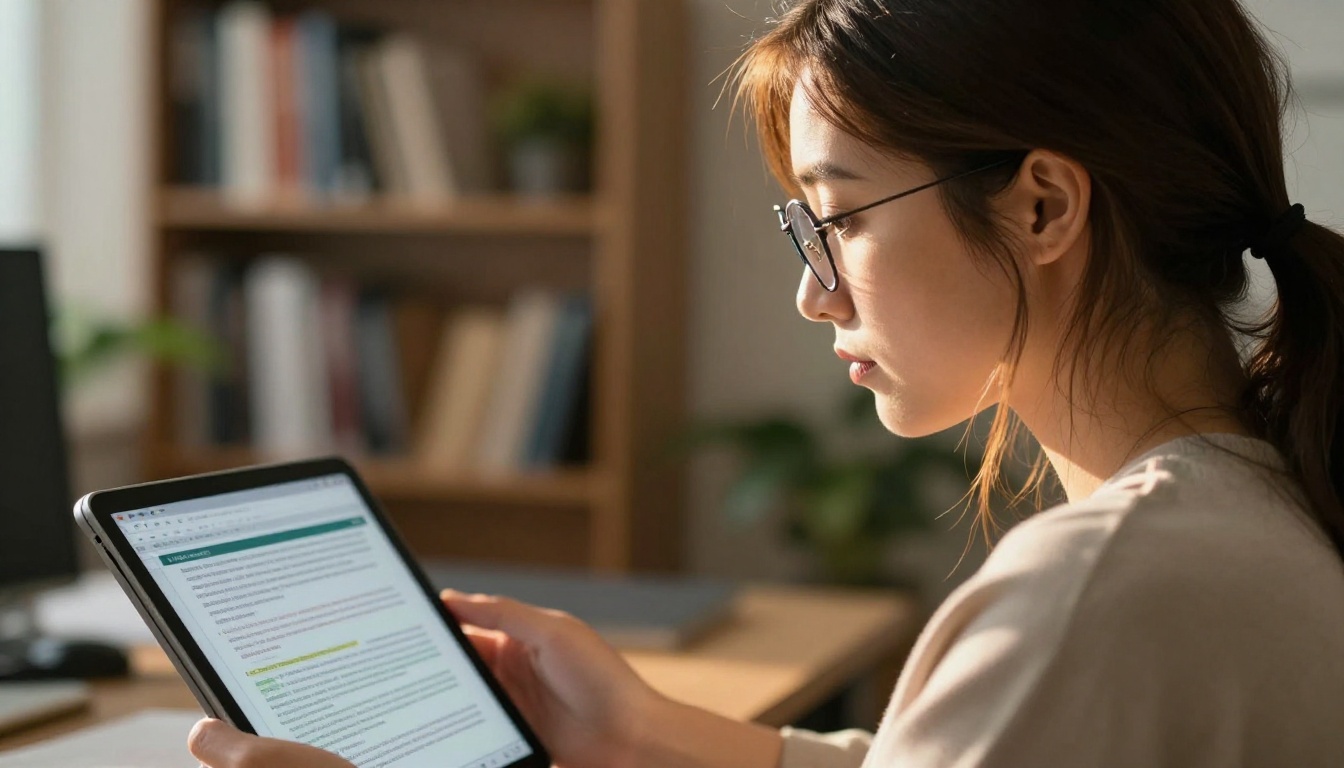 Female analyst with wire-frame glasses reading an AI-generated report on a tablet in warm afternoon light