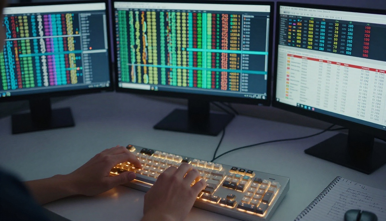 Scientist's hands hovering over keyboard with genomic sequence alignment data on three monitors