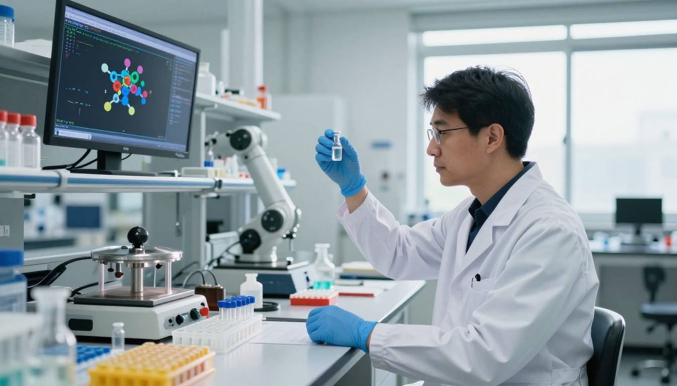 Biochemist in drug discovery laboratory examining compound vial with molecular docking simulation on wall monitor