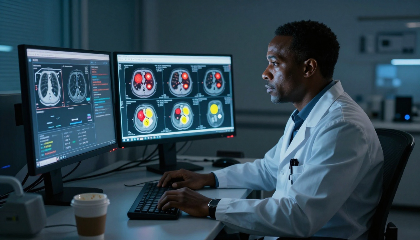 Radiologist reviewing AI-assisted chest CT scan with segmentation overlays and AI reasoning panel in dim radiology reading room
