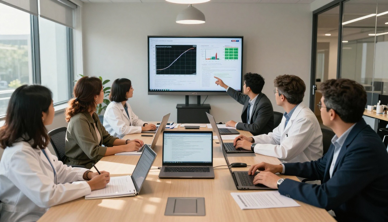 Diverse research team collaborating around conference table with clinical trial protocol data on wall display screen