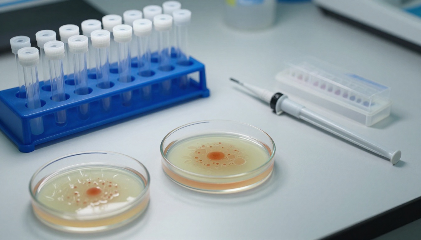 Close-up macro view of laboratory consumables: petri dishes with bacterial colonies, Eppendorf tube rack, pipette tip box, and calibrated micropipette on white bench surface