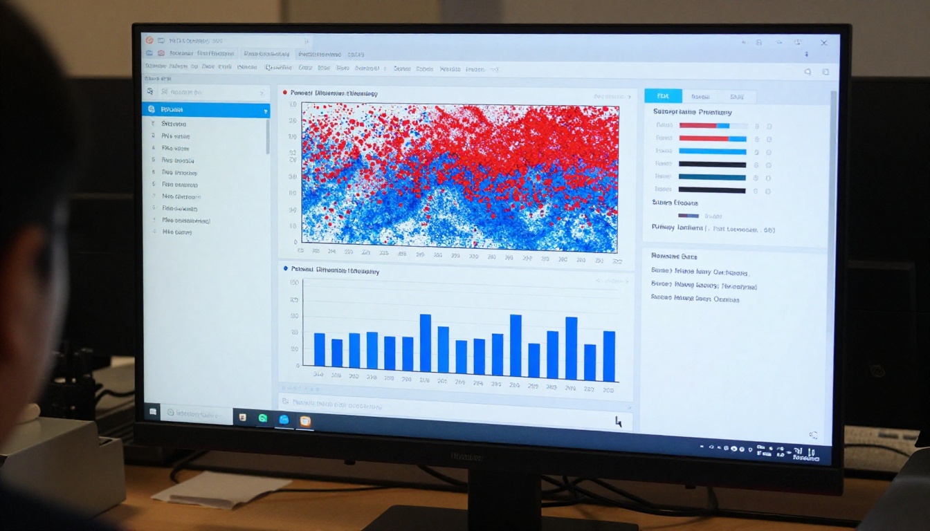 Bioinformatics dashboard showing RNA-seq differential expression volcano plots, gene expression heatmap, and pathway enrichment charts on monitor