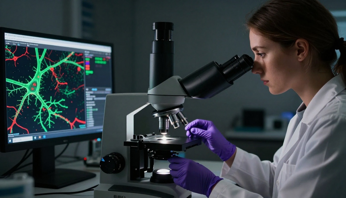 Female scientist at fluorescence microscope in darkened microscopy suite with fluorescently labeled neuron imaging on secondary monitor