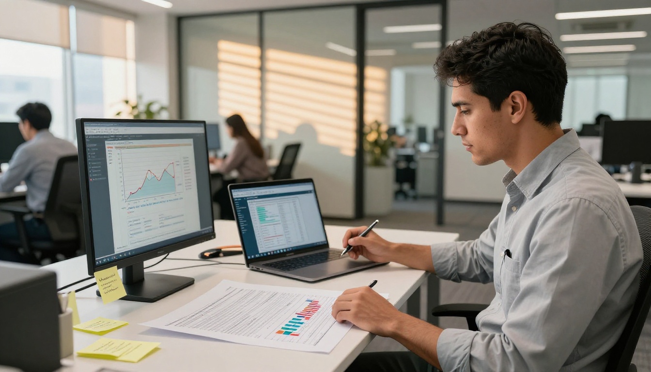 Clinical data scientist at standing desk reviewing printed trial enrollment charts alongside statistical modeling dashboard on laptop