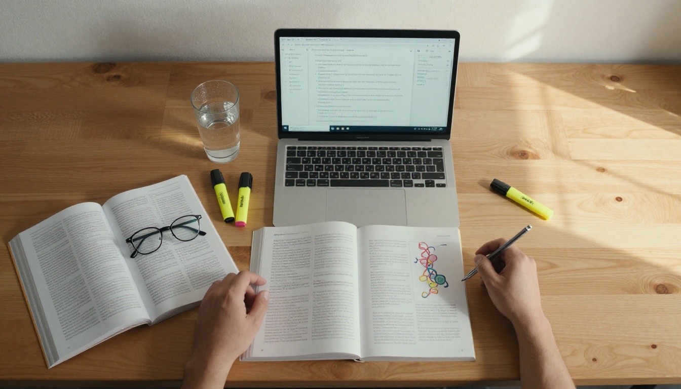 Overhead aerial flat-lay of researcher's desk with open scientific journal, laptop showing AI chat interface with scientific queries, reading glasses, and hand reaching for mechanical pencil