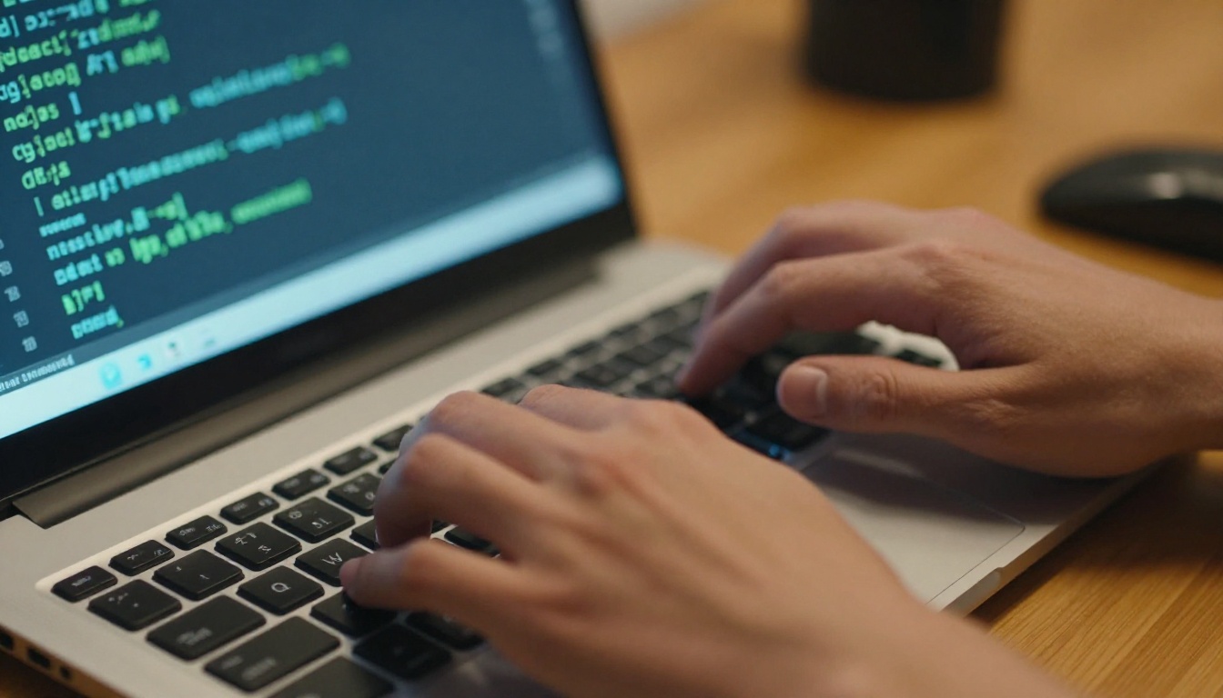 Developer hands typing on a mechanical keyboard with API code glowing on screen Developer hands typing on a mechanical keyboard with API code glowing on screen