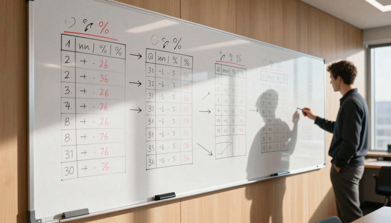 Office whiteboard covered in hand-drawn pricing diagrams and cost calculation tables Office whiteboard covered in hand-drawn pricing diagrams and cost calculation tables