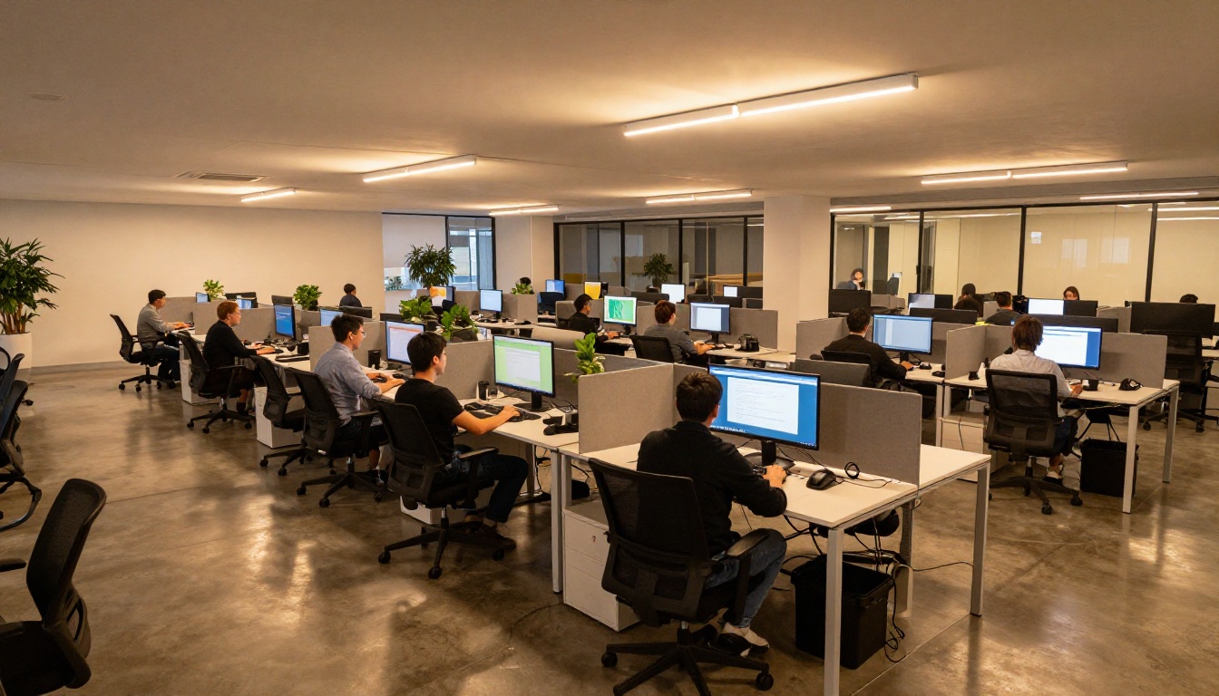 Aerial view of a modern open-plan technology office at golden hour with developer workstations Aerial view of a modern open-plan technology office at golden hour with developer workstations