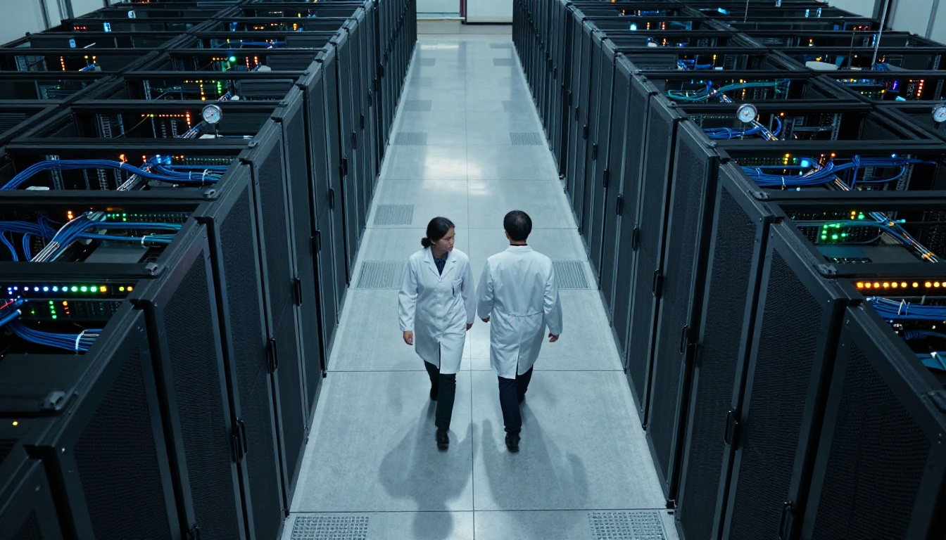 Data center server farm with engineers walking the aisles under cool LED lighting