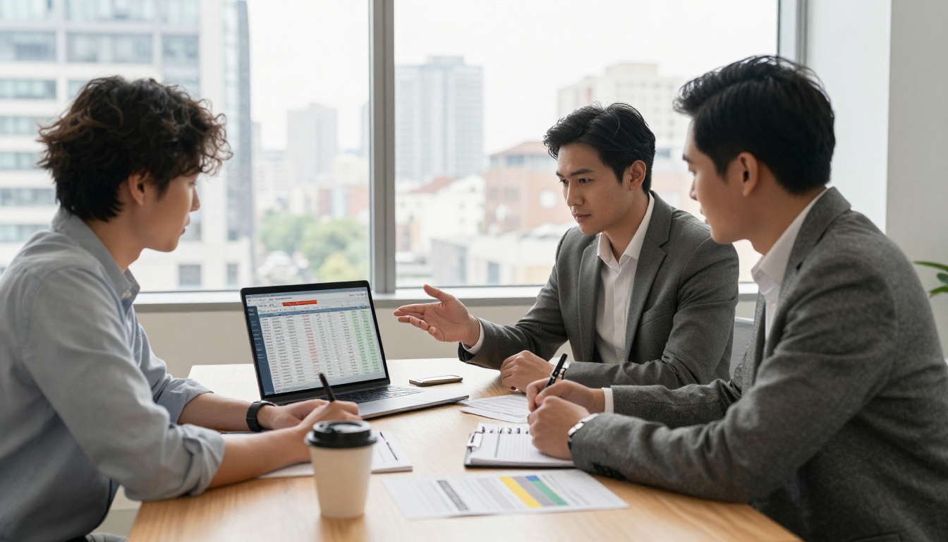 Two developers in a glass-walled conference room reviewing pricing data on a laptop together Two developers in a glass-walled conference room reviewing pricing data on a laptop together