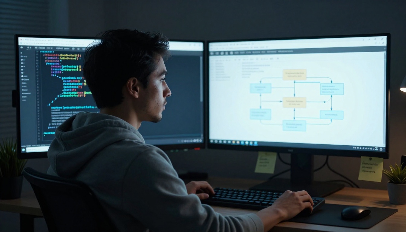 Software engineer verifying content at dual monitors in dark office