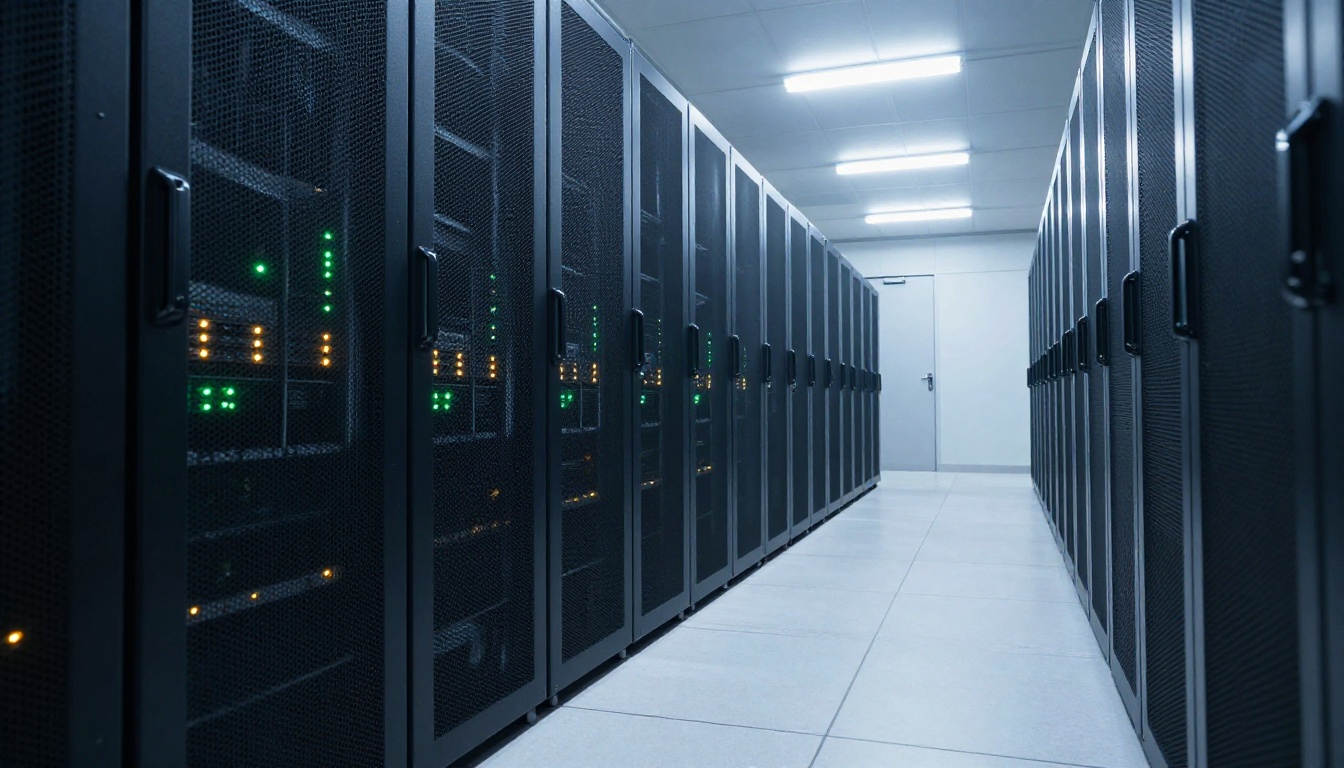 Enterprise server room corridor with rows of black server racks and LED indicator lights Enterprise server room corridor with rows of black server racks and LED indicator lights