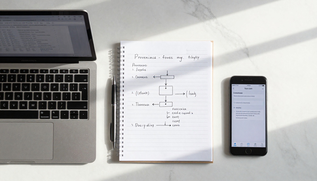 Flat-lay workspace with laptop, metadata inspection tools, and handwritten provenance diagrams