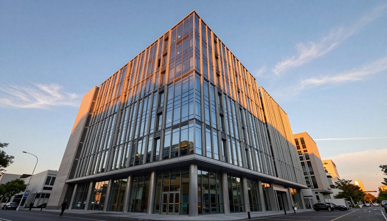 Modern tech company building facade photographed from low angle at dawn with warm sunrise light Modern tech company building facade photographed from low angle at dawn with warm sunrise light