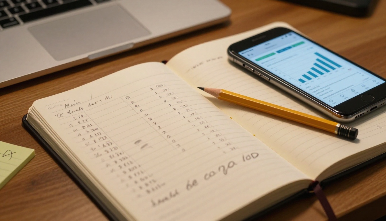 Engineer's notebook with handwritten API cost calculations next to a laptop keyboard and smartphone Engineer's notebook with handwritten API cost calculations next to a laptop keyboard and smartphone