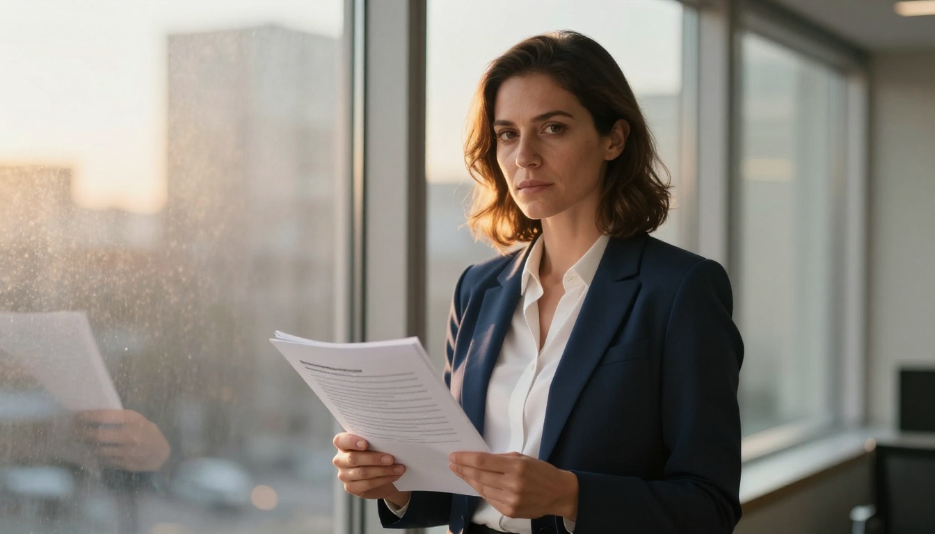 AI ethics researcher reviewing provenance reports beside frosted glass office window
