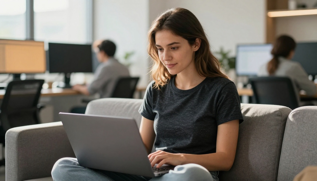Female developer sitting cross-legged on an office couch with laptop, natural window light illuminating her profile Female developer sitting cross-legged on an office couch with laptop, natural window light illuminating her profile