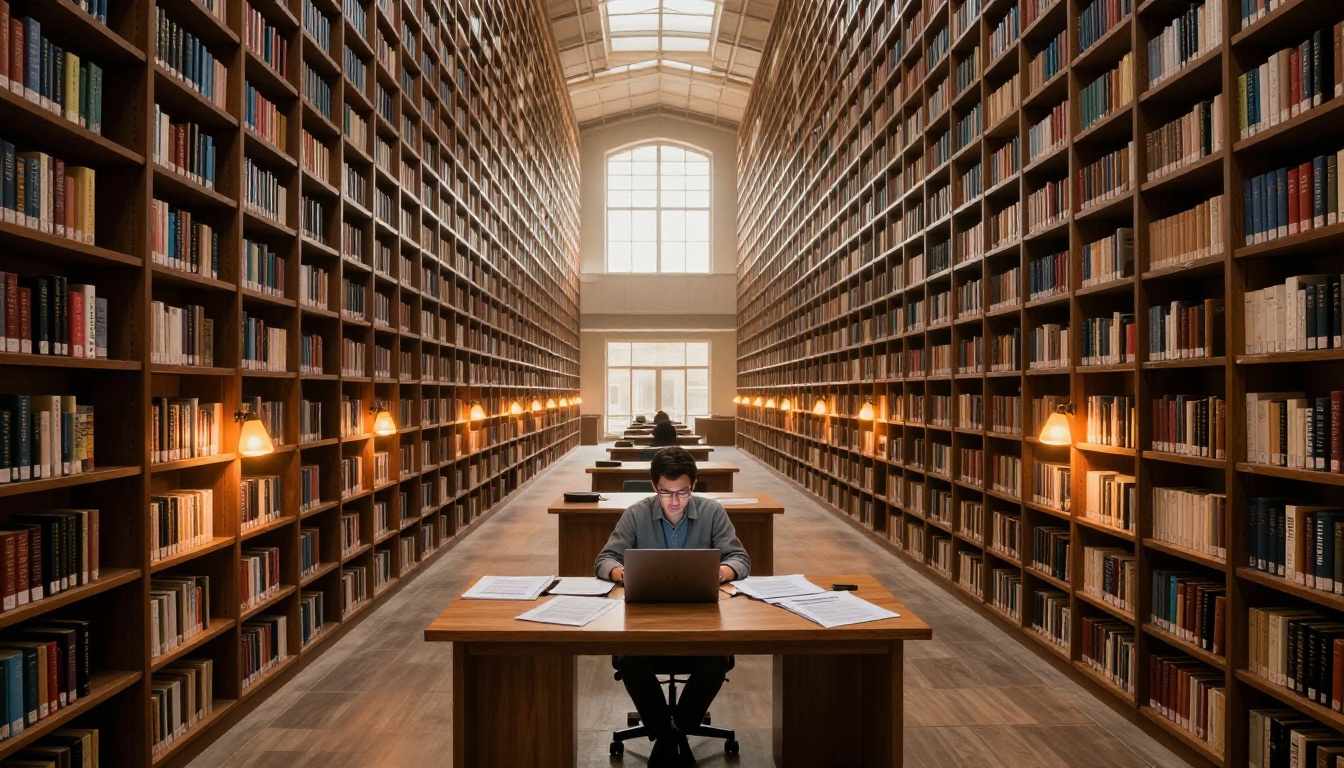 Researcher in archive library reviewing AI transparency and content lineage research papers