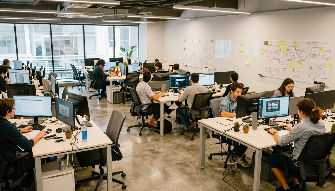 Aerial view of an open-plan software engineering office