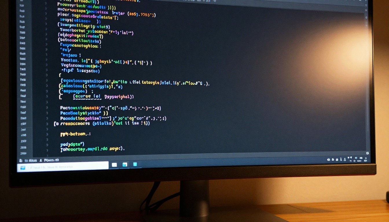 A curved monitor displaying clean syntax-highlighted code in a dark IDE