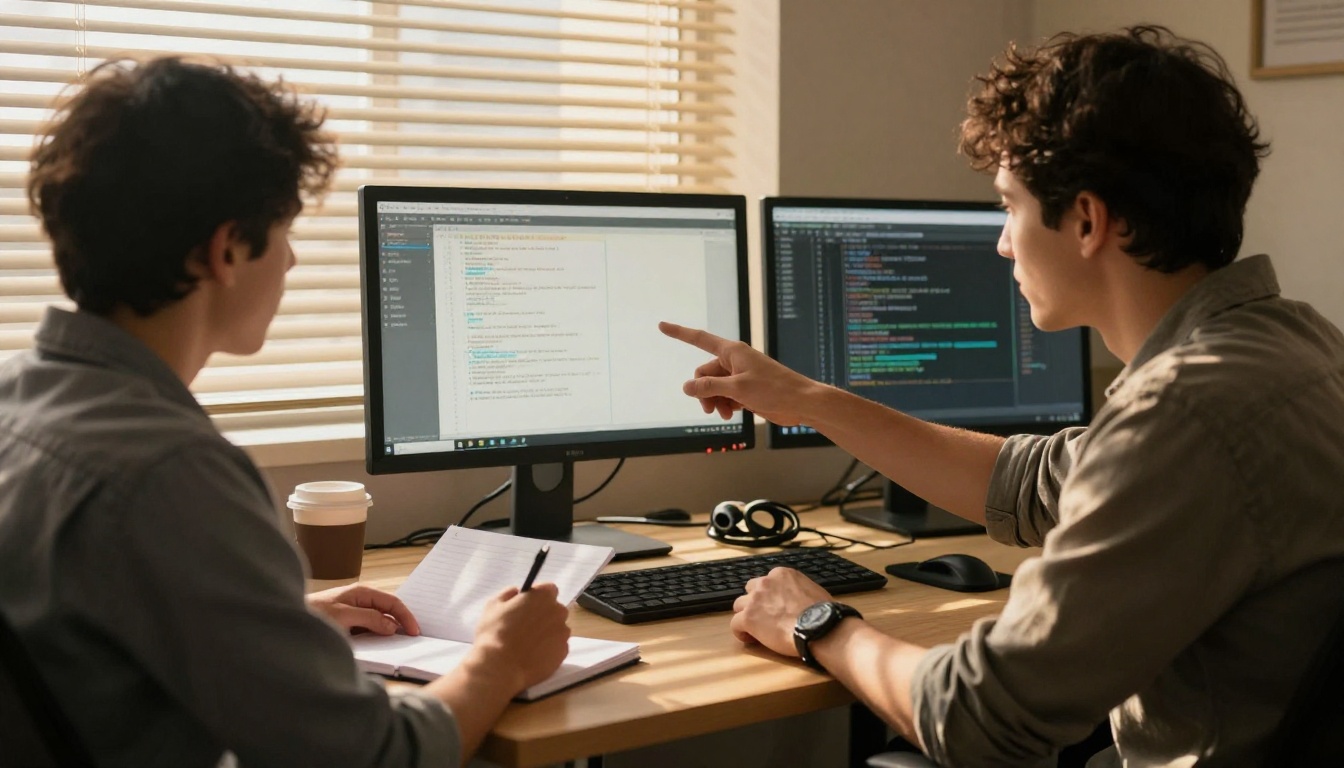 Two software engineers collaborating at a shared standing desk reviewing code together