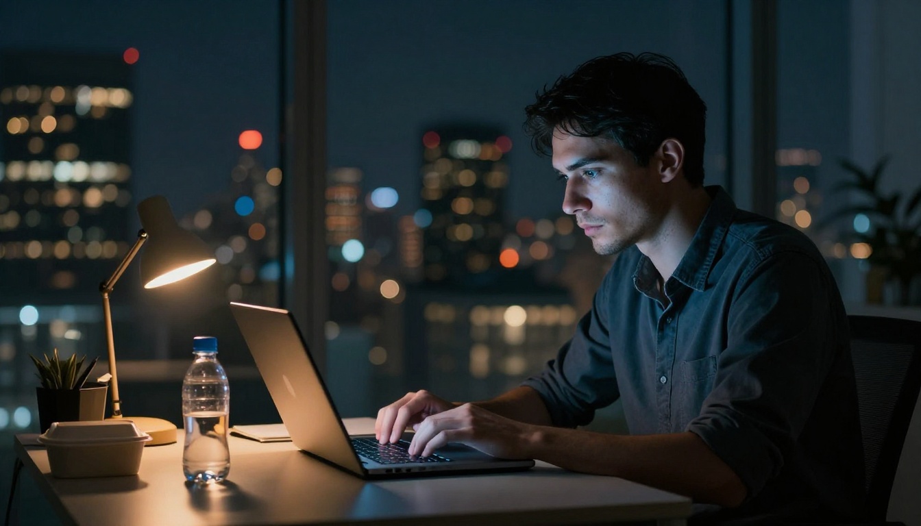 A developer working alone late at night with city lights glowing behind a glass window