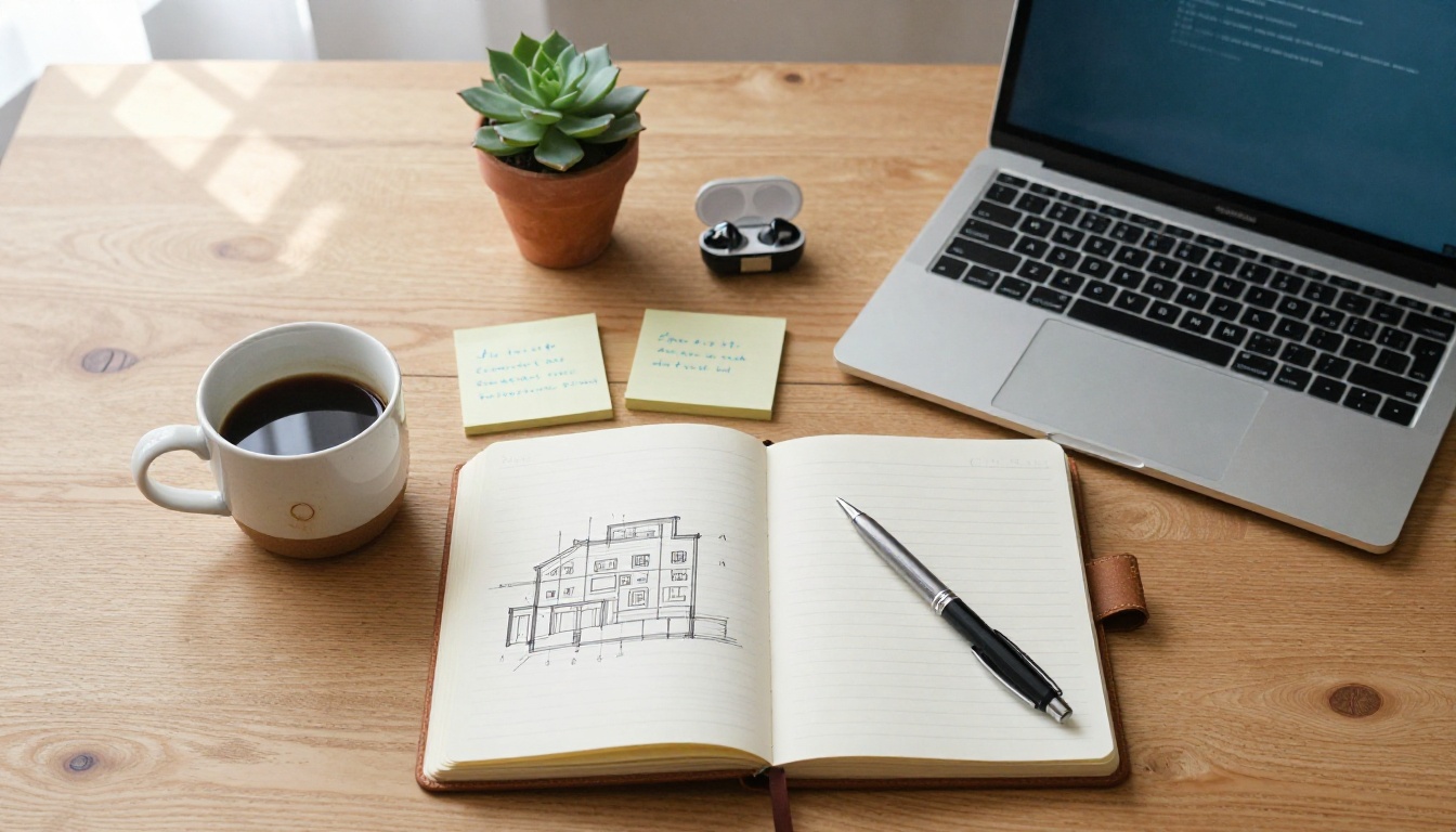 A developer's organized desk flat-lay with laptop, coffee, notebook, and sticky notes