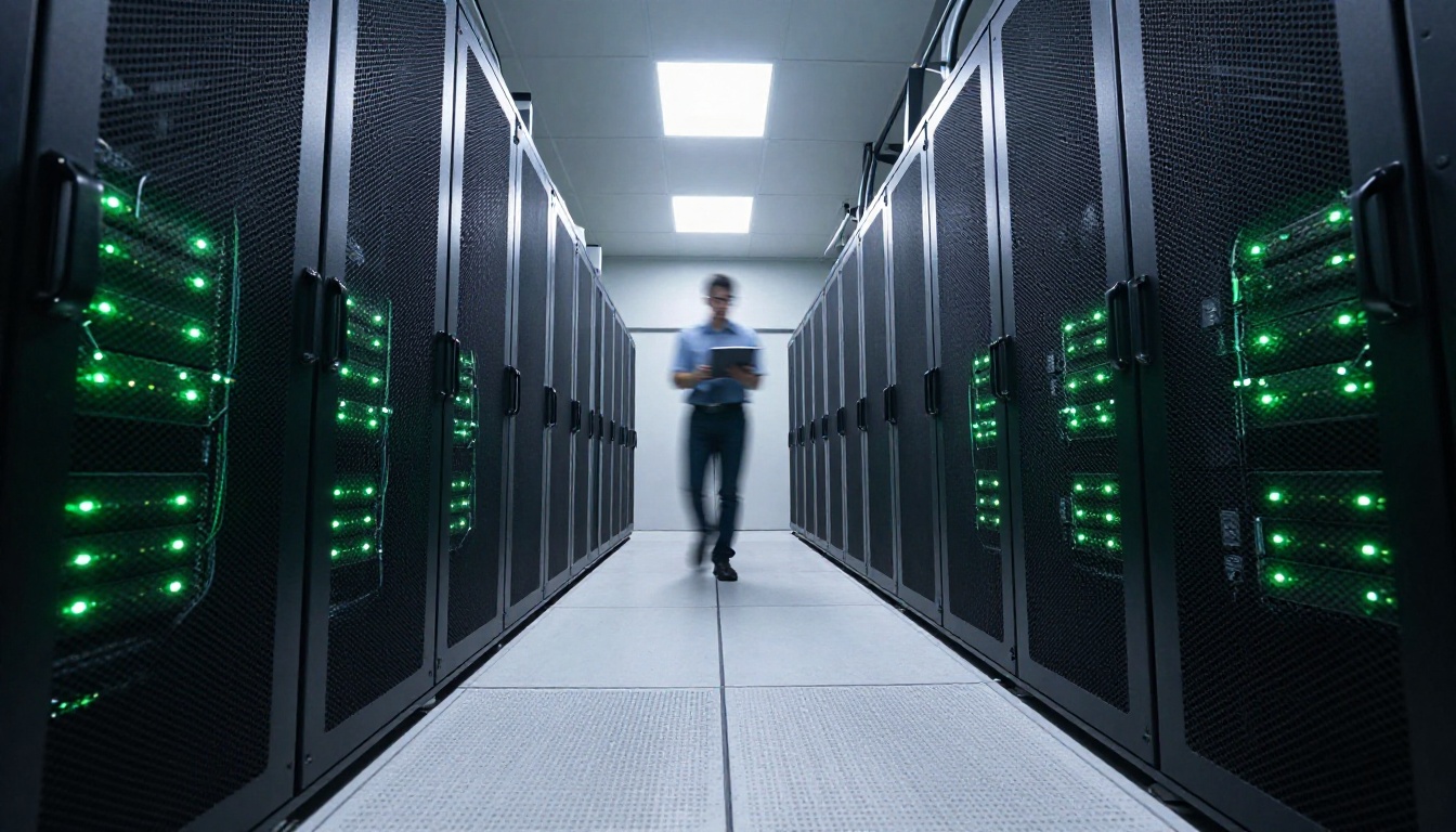Server racks in a modern data center corridor with a technician walking in the background