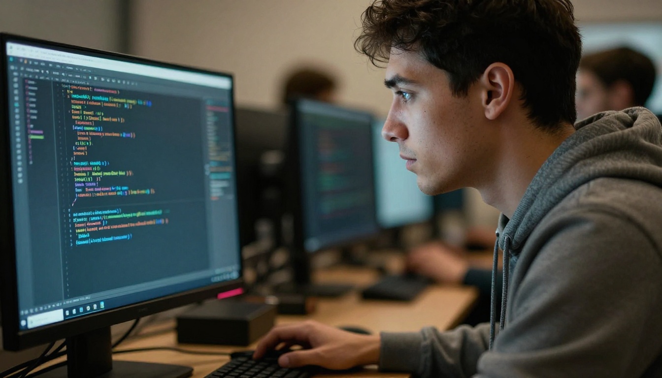 A developer in side profile looking intently at a monitor with code on screen