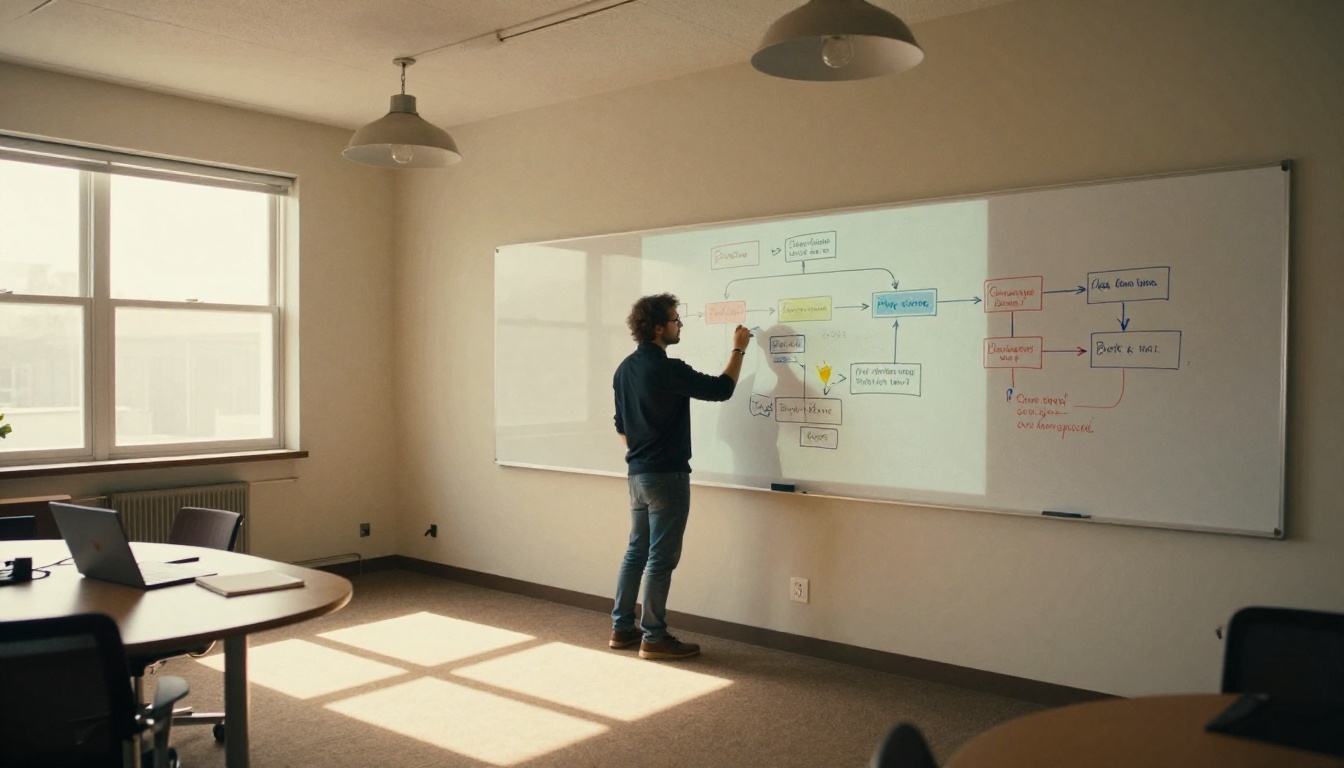 A developer drawing a software architecture flowchart on a whiteboard in a small meeting room