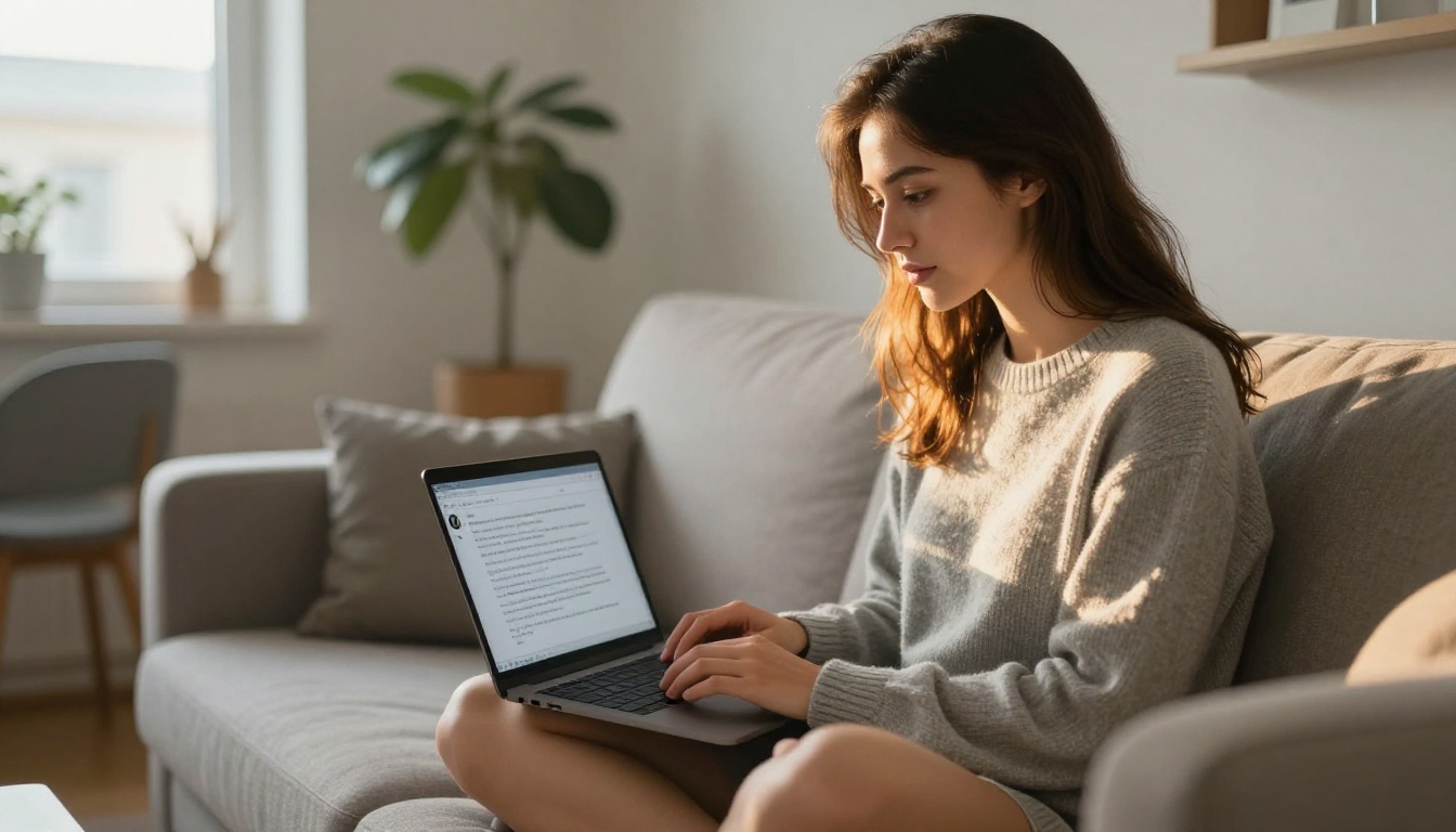 Content writer using an AI interface on a laptop at home